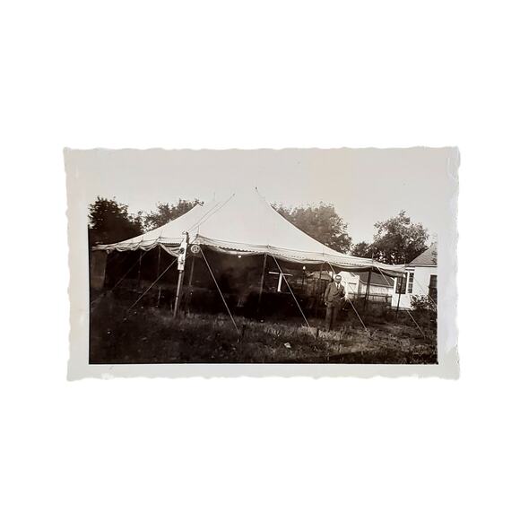 Vtg Man Posing Under Tent Original Monochrome Photography Found Snapshot 1942 - Picture 1 of 4